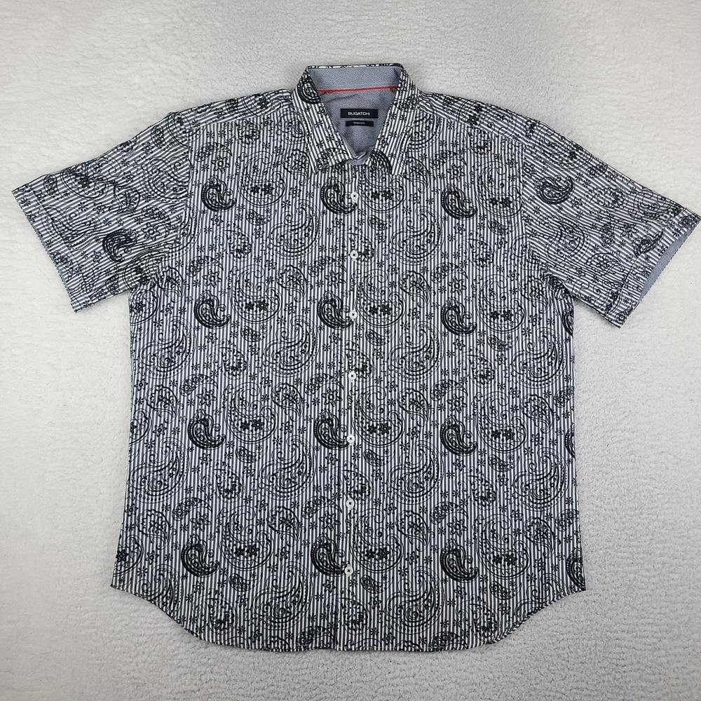 BUGATCHI Shirt Mens 2XL XXL Black Gray Shaped Fit Preppy Hawaiian Button Up